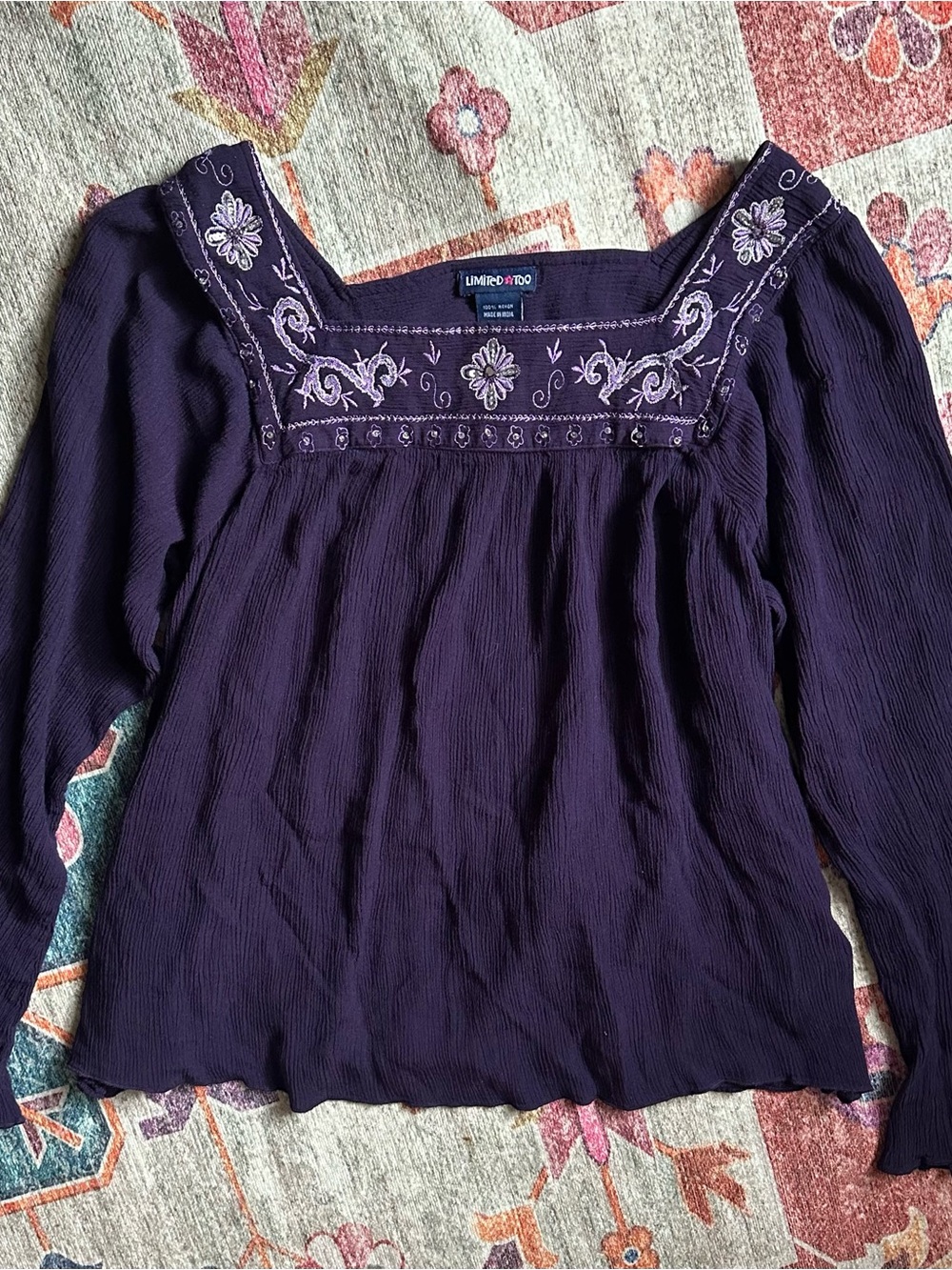 Limited Too Purple Floral Sequin Embroidered Bell Sleeve Top